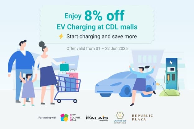 School’s out! Enjoy 8% off EV Charging at CDL malls from 01 – 22 Jun 2025 🚙 